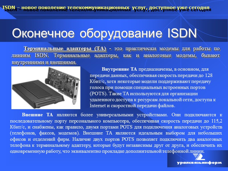 Оконечное оборудование ISDN  Терминальные адаптеры (ТА) - это практически модемы для работы по
